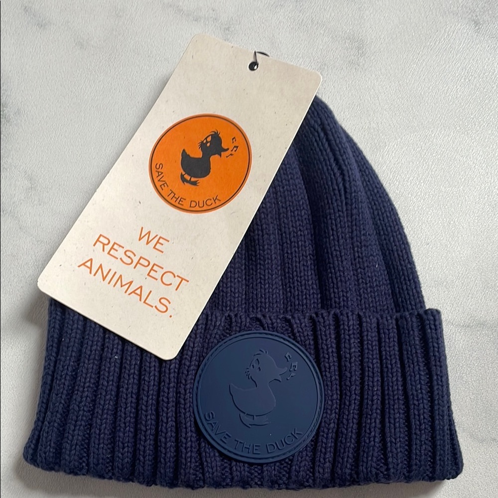 Save The Duck Blue Ribbed Knit Beanie Hat